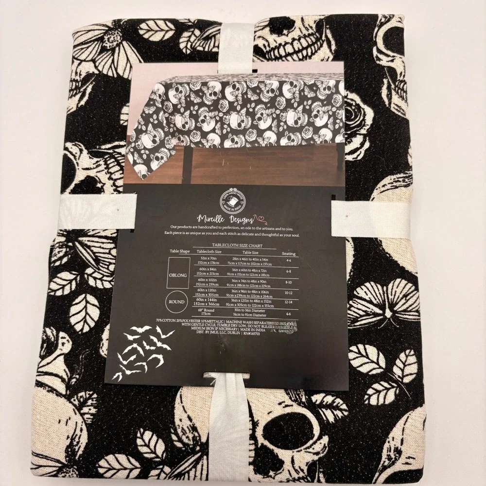 Mireille Designs Spooktacular Night Skull Butterfly Round Tablecloth 68in Black